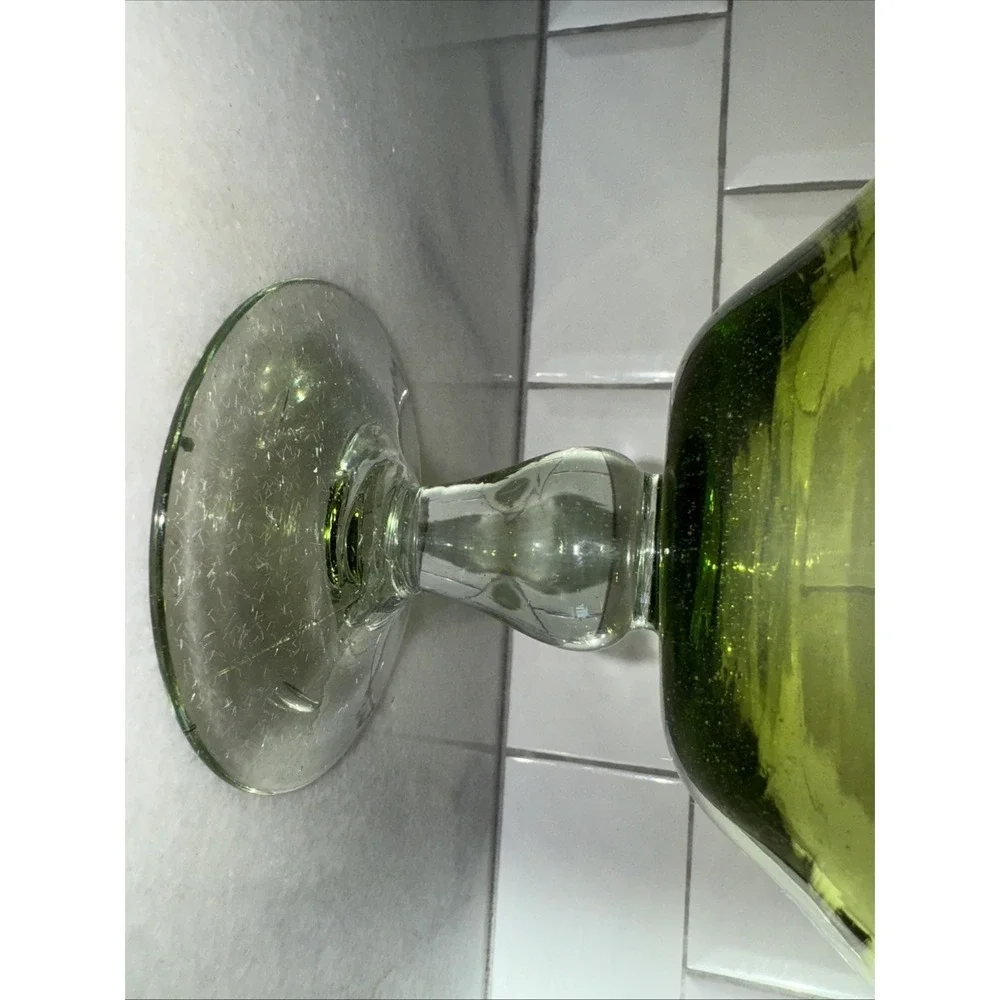 VINTAGE HANDBLOWN Green Glass with clear Footed‎ Base Serving BowlGW993
